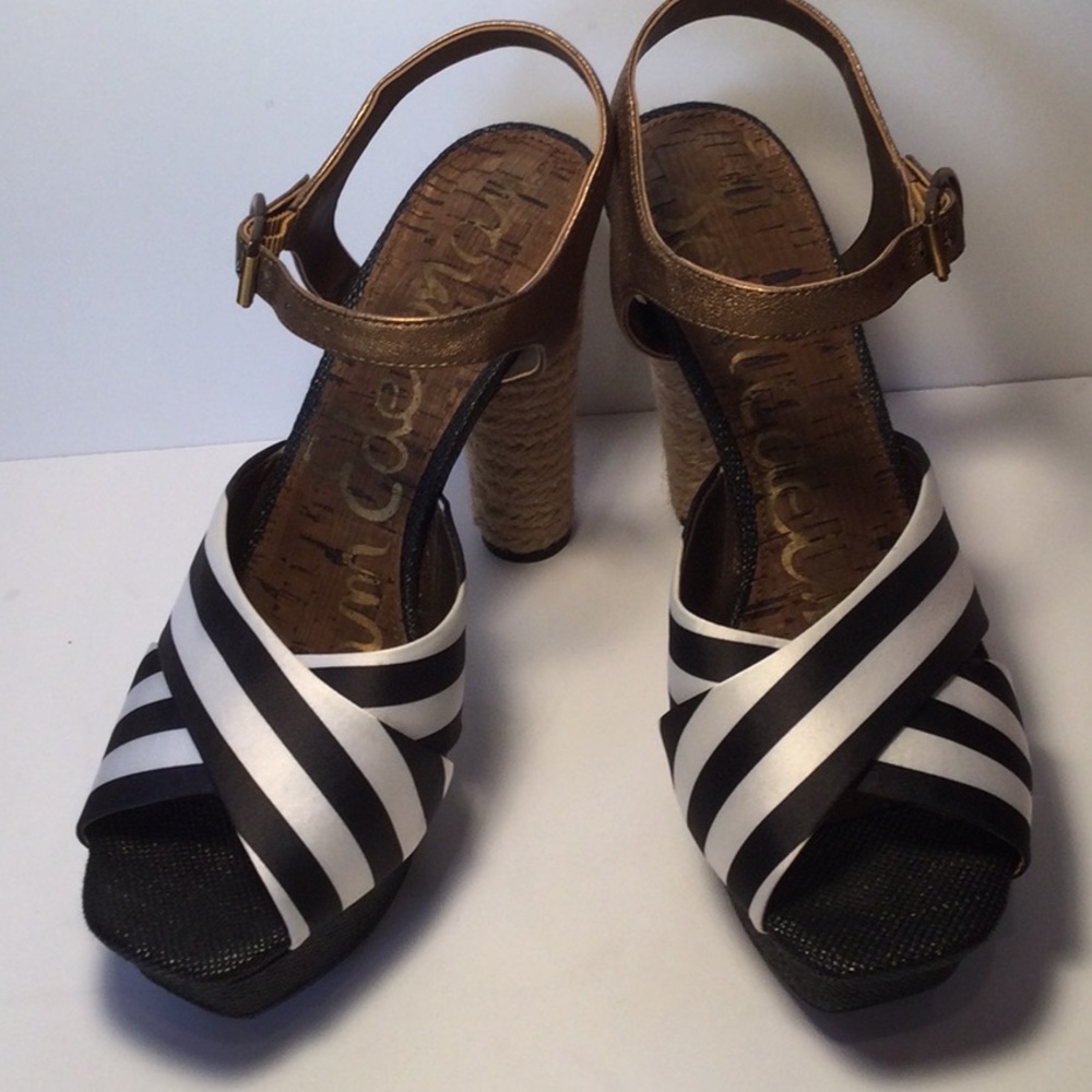 Sam Edelman black & white heels with jute & bronze